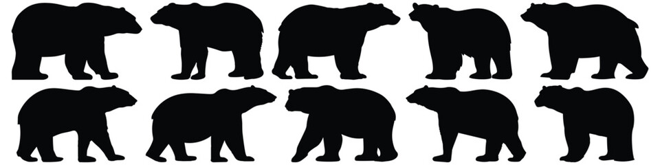 Polar bear silhouettes set, bear pack of vector silhouette design, isolated background