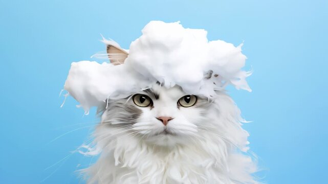 smiling wet cat taking bath with soap bubble foam on head , Just washed cute kitten on blue background, goods for treatment for domestic pets, grooming salon