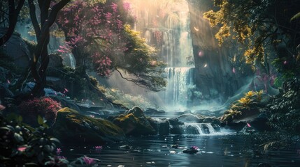 Fototapeta premium A serene waterfall surrounded by dense foliage and vibrant greenery