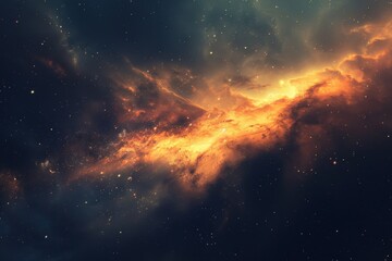 Fototapeta premium Glowing orange and yellow nebula with bright stars in deep space