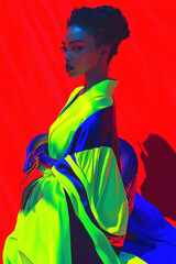 A female model woman with her dragon snake around her in unique bright vibrant neon colored kimono dress in surreal, neon-colored vaporwave dreamscape fantasy fashion scene background