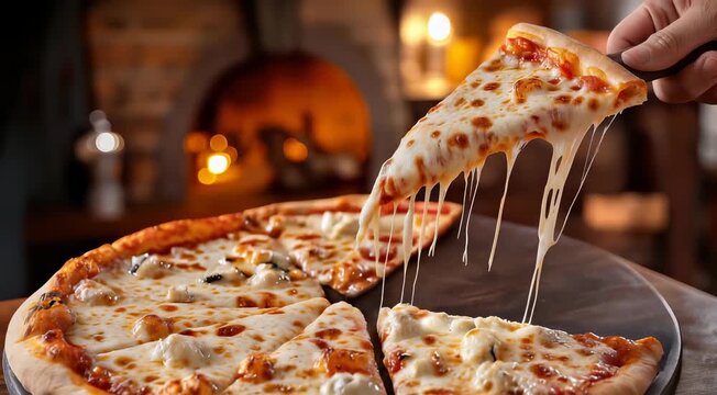 Traditional Italian food Margherita pizza with melted mozzarella cheese being pulled from a sliced piece. It has a thin crust, tomato sauce, and fresh mozzarella.
