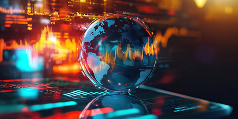 Financial Foresight: A futuristic hologram of a globe, with lines projecting stock market trends and currencies, alongside a tablet with financial news and charts
