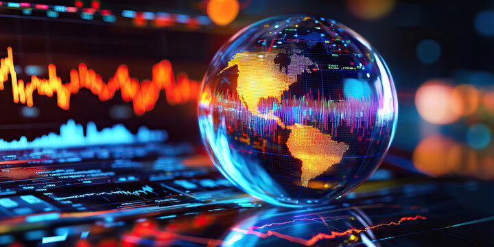 Financial Foresight: A futuristic hologram of a globe, with lines projecting stock market trends and currencies, alongside a tablet with financial news and charts
