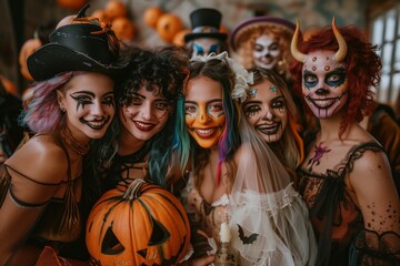 Happy young people dressed up as different spooky costumes characters, with scary makeup on faces having fun at Halloween costume party. Group portrait of adult friends with traditional smiley jack-o-