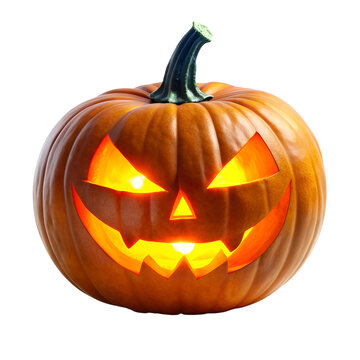 Spooky halloween pumpkin glowing face isolated on white background