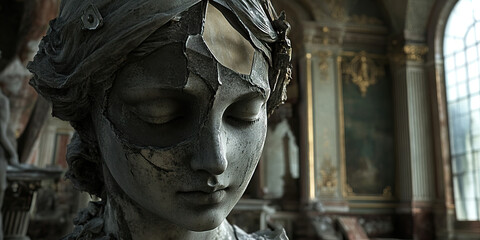 Fractured Trust: Shattered mirrors, fractured statues in a once grand hall
