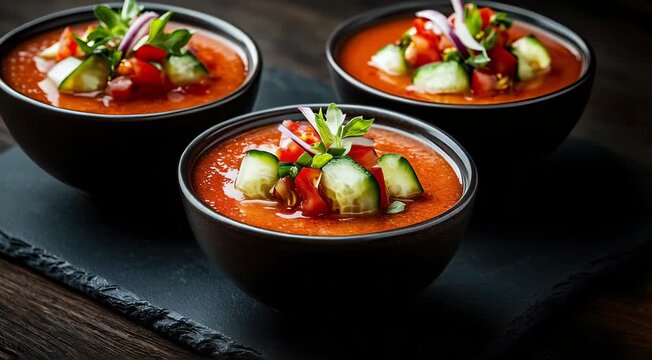 Traditional Spanish food Gazpacho is shown in the image. It is a cold tomato soup garnished with diced cucumbers, tomatoes, red onions, and fresh herbs.