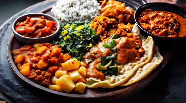 Traditional Ethiopian food Beyainatu, a vibrant platter featuring injera, misir wat (lentil stew), kik alicha (split pea stew), gomen (collard greens), rice, vegetables, and salads.