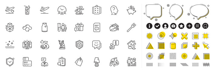 Set of Secret gift, Seo statistics and Medical flight line icons for web app. Design elements, Social media icons. Dice, Vegetables, Microscope icons. Smile face, Plane, Rule signs. Vector