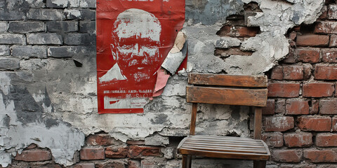 Fractured Faction Blood stained brick wall torn election poster.