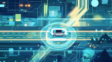 Autonomous AI-powered vehicle navigating through a complex, futuristic urban landscape with adaptive traffic systems and smart road networks