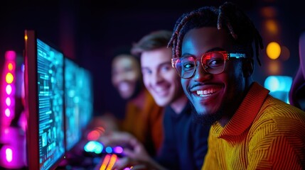 Obraz premium Group of young gamers immersed in online gaming at a high-tech LAN party, illuminated by vibrant neon lights.