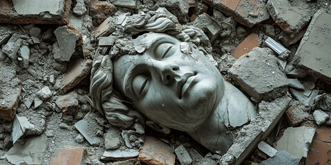 Fractured Fortress: The remains of a destroyed statue, lying amidst broken bricks and shattered concrete.