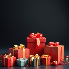 Obraz premium Gift Boxes with Red and Gold Ribbons on Dark Background.