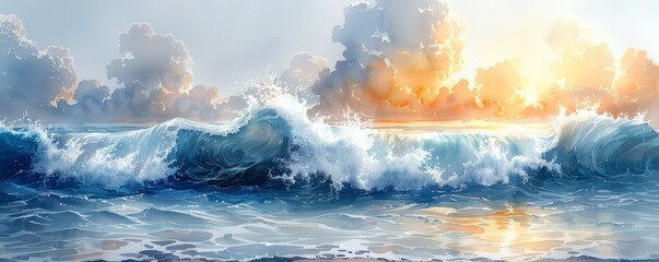 Abstract ocean waves with sunlight reflections in watercolor.