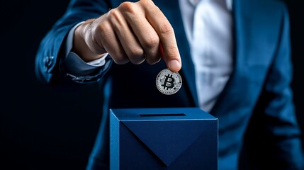Bitcoin Donation: A businessman in a suit donates a Bitcoin, symbolizing cryptocurrency philanthropy and support for charitable causes. 