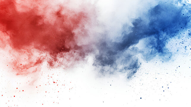 Labor day Red, White and Blue colored dust explosion background. Splash of American flag colors smoke dust on white background, Independence Day, Memorial Day patriotic abstract pattern