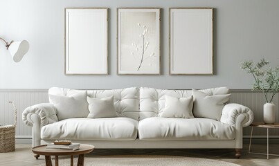 Chic living room with an empty photo collage frame.