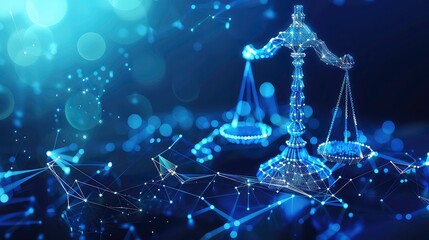 A digital rendition of a scale of justice on a dark blue background, connected by a complex network of lines and dots, representing the interconnectedness of law.