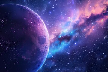 Obraz premium Purple planet and moons in a colorful nebula with stars