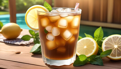Fototapeta premium glass fresh iced lemon tea slices and mint leaves 5