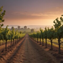Fototapeta premium A Peaceful Vineyard At With Rows Of Grapevines Stretching Into The Distance And Morning Mist Hovering Over The