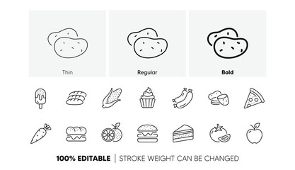 Vegetables, Fruits and Sweet Desserts icons. Food line icons. Potato slices, corn and fresh carrot. Corn, Apple and Orange. Cake, Ice cream and Cupcake icon. Pizza, burger and sausages. Vector