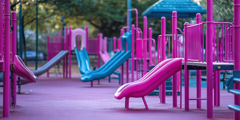 Delightful Pink Playground: A colorful playground with pink swing sets and slides