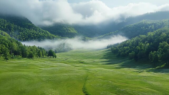 Sunlight bathes misty forest landscape. Fog swirls between trees, revealing and concealing patches of vibrant green. 