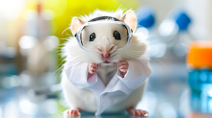 Cute and Adorable Hamster Dressed Up in a Tiny Lab Coat and Safety Goggles Appearing to Conduct a Scientific Experiment or Research in a Laboratory Setting