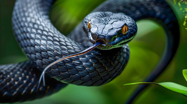 Fierce and Deadly Black Viper Snake Viciously Attacking with its Distinctive Bifurcated Tongue while Coiled Amidst the Lush Green Foliage of its Natural Habitat