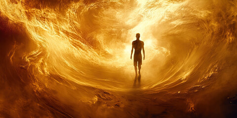 Elemental Energy: A human figure standing amidst swirling sand, surrounded by fire and water,...