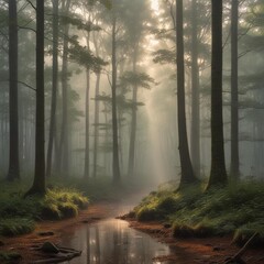 A Serene Scene Of A Misty Morning In A Dense With Sunlight Filtering Through The The Stillness Of