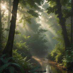A Serene Scene Of A Misty Morning In A With Sunlight Filtering Through The Dense The Rich Green