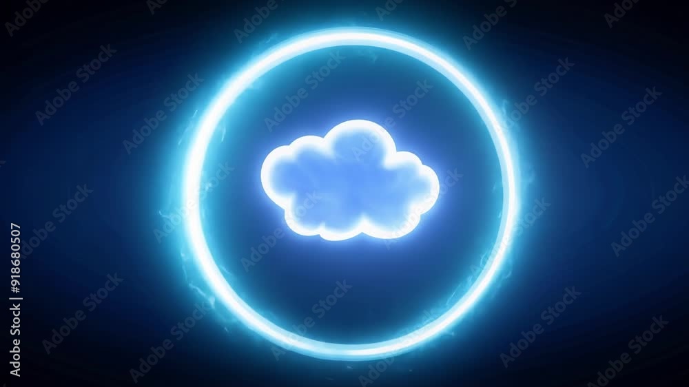 Poster a glowing cloud is animated within a circular neon frame, creating a captivating visual effect again