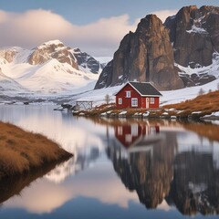 A Serene Scene Of A Tranquil Scandinavian Fjord With A Small Wooden The Reflective And The