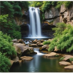 A Serene Scene Of A Waterfall Cascading Down A Rocky Cliff Into A Clear Pool Surrounded By Lush