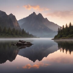 A Serene Shot Of A Glassy Lake Surrounded By Misty Mountains At With The Stillness Of The Water