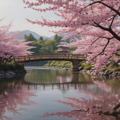 A Serene Scene Of Cherry Blossoms In Full Bloom Along The Banks Of A River In With Delicate Pink