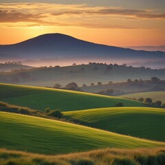 A Serene Sunset Over A Tranquil Countryside With Rolling Soft And A Peaceful High