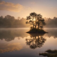A Serene Sunrise Over A Tranquil Lake With Mist Rising From The Water And Soft Golden High