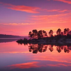 A Serene Sunset Over A Tranquil Lake With Reflections Of Vibrant Orange And Pink Breathtaking High