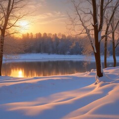 A Serene Winter Landscape With A Frozen And The Soft Glow Of The Morning Sun Peeking