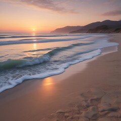 A Tranquil Beach At Dawn With Soft Waves Gently Lapping Against The Shore And The Sky Painted In Pastel