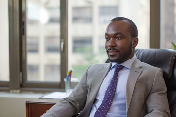 A confident businessman in a grey suit sitting in a modern office, looking thoughtful and focused