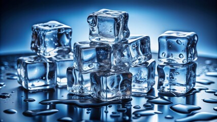 A stack of ice cubes on a blue surface