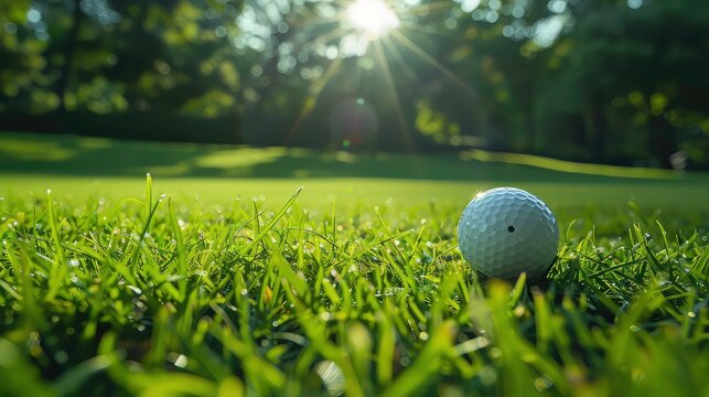 A white golf ball sits on a lush green grass field, with the sun shining through the trees in the background.