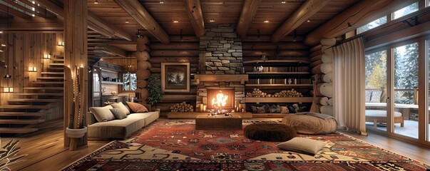 Log cabin with a fireplace and cozy interior.