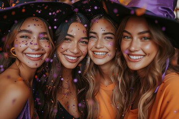 Obraz premium young women in Halloween witch costume, laughing with witch hats on orange background with flying confetti, candid for a Halloween party
